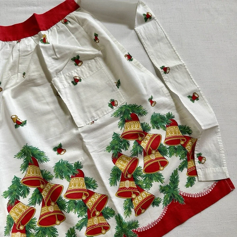 Vtg MCM Christmas Half Apron 1950s Holly Berry Festive Bells 21.5